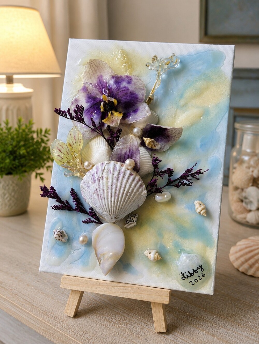562 Coastal Mixed Media Canvas with Purple Florals Shells Orchid